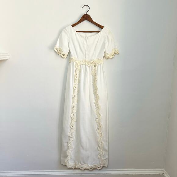 Vintage 60s Linen Wedding Dress Murray Hamburger ILGWU Lace Trim Gown Train 2 - Picture 6 of 16